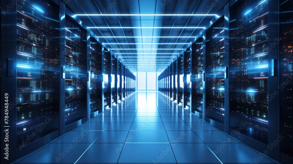 Poster high-tech server room filled with rows of blinking lights and humming equipment, showcasing data sto