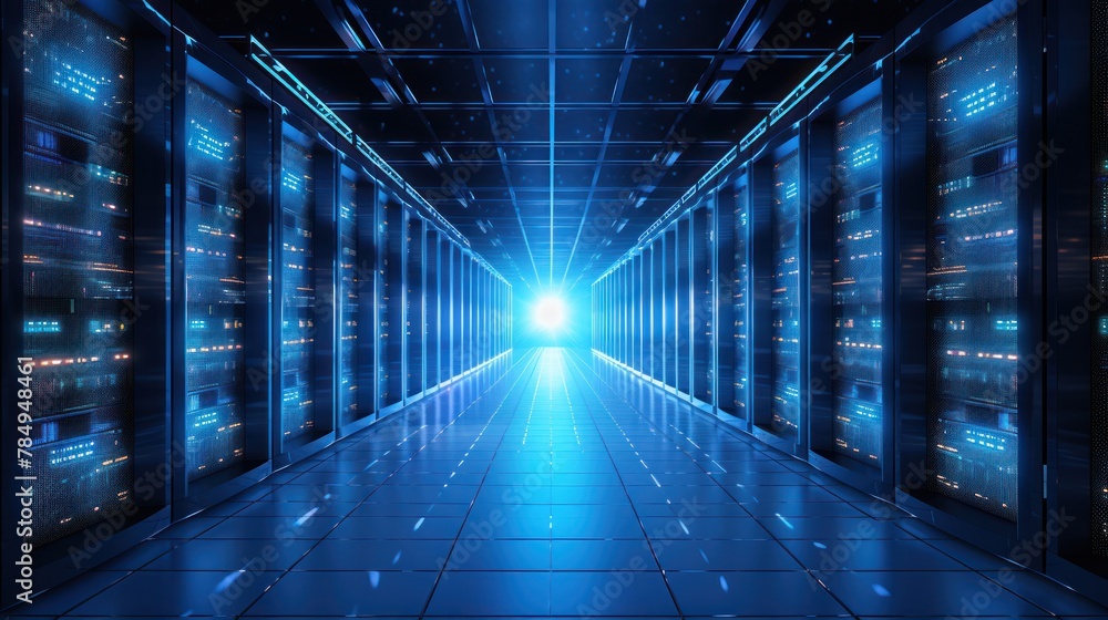 Poster high-tech server room filled with rows of blinking lights and humming equipment, showcasing data sto