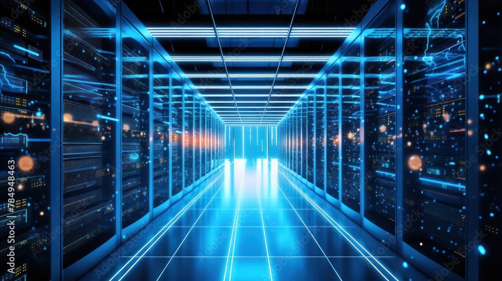Poster high-tech server room filled with rows of blinking lights and humming equipment, showcasing data sto