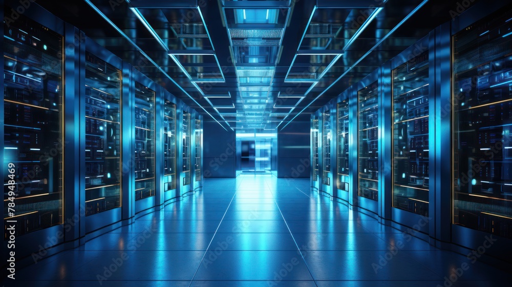Poster high-tech server room filled with rows of blinking lights and humming equipment, showcasing data storage 