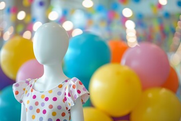 Fototapeta na wymiar Child mannequin dressed in spring attire colorful balloons in background cheerful mall scene