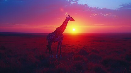 Giraffe Silhouetted Against a Fiery Sunset, Casting a Magnificent Shadow Across the Savannah Landscape.