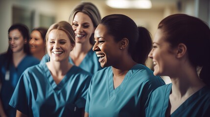Obraz premium A group of smiling nurses providing attentive care to patients in a bustling hospital ward.