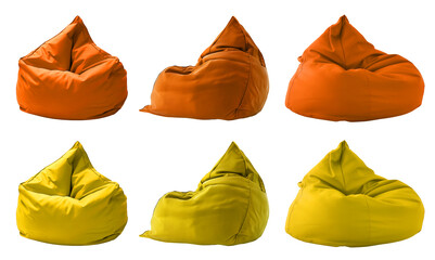 2 Collection set of yellow orange mustard plain beanbag bean bag seat chair, front side view on transparent cutout, PNG file. Many angle. Mockup template for design - obrazy, fototapety, plakaty