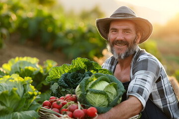Portrait of smiling farmer holding basket full of freshly harvested vegetables