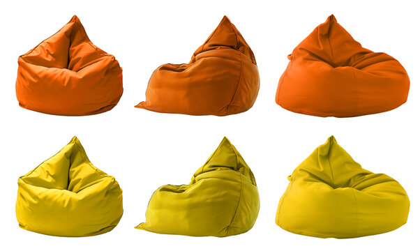 2 Collection set of yellow orange mustard plain beanbag bean bag seat chair, front side view on transparent cutout, PNG file. Many angle. Mockup template for design