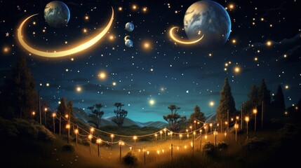 magical scene featuring a starry night sky and a crescent moon, with twinkling lights spelling out "Happy Birthday" in the sky. 