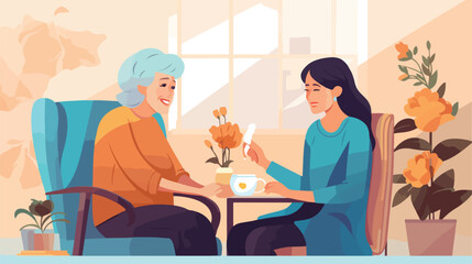 Young woman takes care of old woman vector illustration