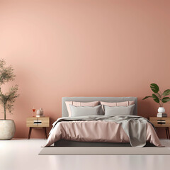 A minimalistic bedroom with peach walls