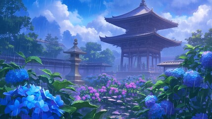 紫陽花とお寺の風景、雨天5 - obrazy, fototapety, plakaty