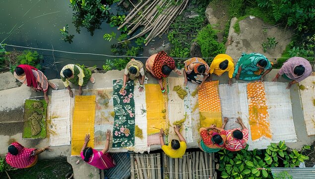Aerial view of Women at work on the preparation of natural fabric, Barga, Rajshahi, Bangladesh