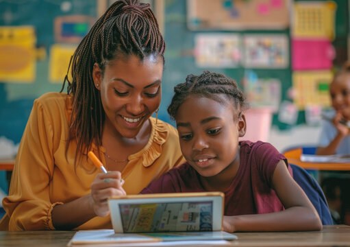 female teacher helping a student with a digital tablet in the classroom, smiling and looking at the screen together