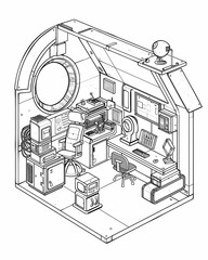 A cute line art illustration of an isometric Outer Space Observatory Room in simple lines in the vector style
