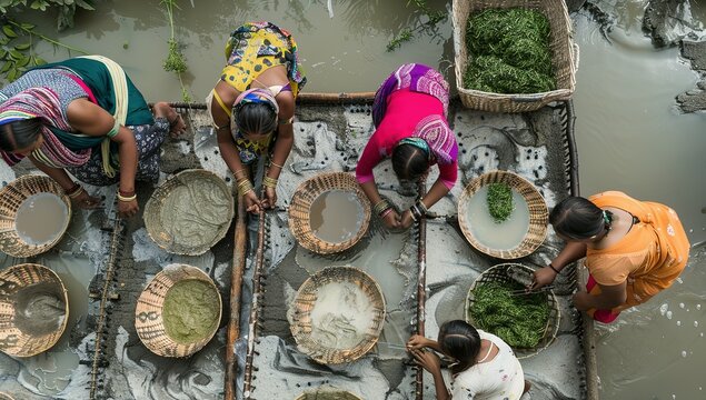 Aerial view of Women at work on the preparation of natural fabric, Barga, Rajshahi, Bangladesh