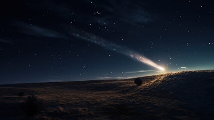 Fototapeta premium a comet streaking through the sky, leaving a trail of glowing dust in its wake as it travels through the cosmos.