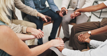 People, group and therapy for mental health, holding hands and listening with advice, empathy and...