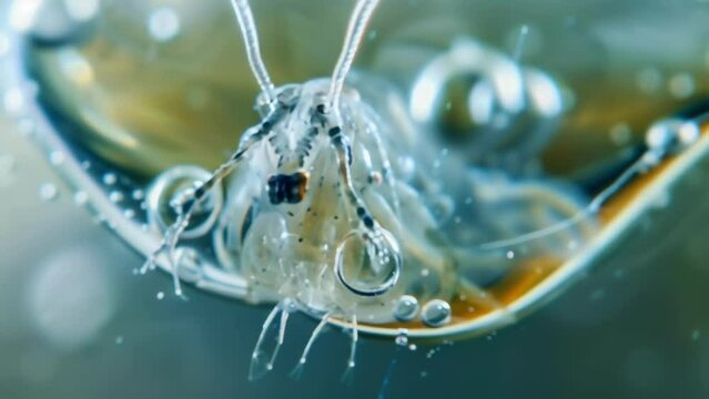A stunning image of a tiny water flea or Daphnia captured in a drop of pond water highlighting its intricate internal anatomy and . AI generation.