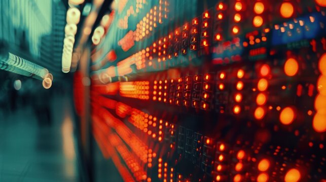 a stock market index board with scrolling ticker symbols and fluctuating numbers,