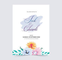 Beautiful watercolor style wedding invitation with painted flowers