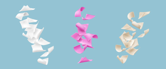 Paper pile fly in air. Realistic 3d vector illustration set of white, pink and craft beige page sheets floating with wind blow. Falling down curved documents or empty note. Flying a4 letter page. © klyaksun