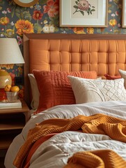 Cozy Bedroom Interior with Orange Bedding and Floral Wallpaper