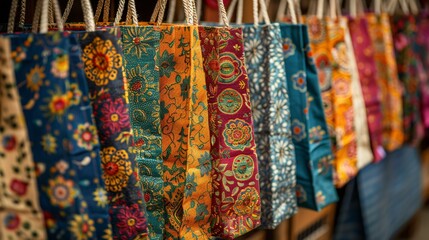 Eco friendly reusable shopping bags at a mall stand colorful patterns sustainability theme