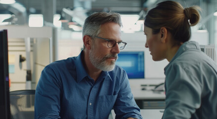 Female manager and male employee in a blue shirt working together on a computer, in an office background