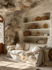Cozy Cave House Living Room with Natural Rock Wall and Rustic Decor