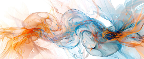 Experience the soothing harmony of colors with this AI-generated image. Graceful tendrils of pastel orange and gentle blue intertwine on a white backdrop,  - obrazy, fototapety, plakaty