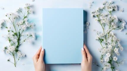 A clean notebook for notes is held by women's hands on a colored background, concepts of education, workplace, creativity. A place for text or advertising. - obrazy, fototapety, plakaty