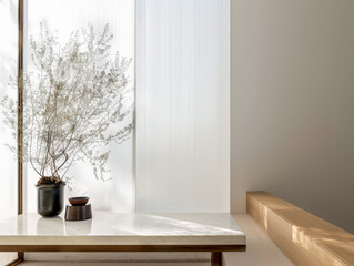 Modern interiors with natural light coming in from windows. Minimalist composition.