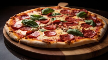 pizza with bubbling cheese, thin slices of pepperoni, and a sprinkle of fragrant basil leaves.