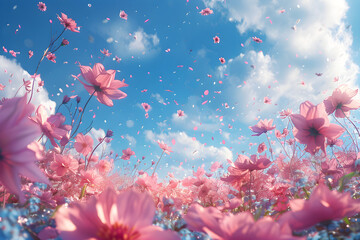 Fototapeta na wymiar Pink petals flying from flowers in a beautiful and colorful field with a blue sky background. Perfect for nature and spring-themed designs.