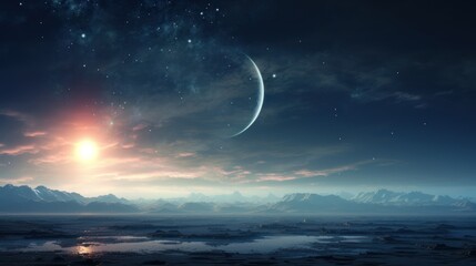 space background,a distant planet , of a star-filled sky, bathed in the soft glow of distant suns.