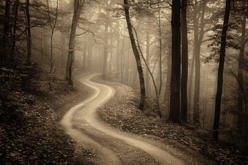 Forest path twists mysteriously through dense fog laden trees morning light
