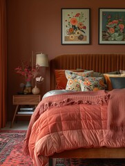 Cozy Bedroom Interior with Warm Tones and Botanical Artwork