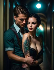 Beautiful and young couple in dark corridor