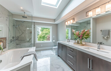 Modern bathroom with a large glass walk-in tub, double vanity and skylight