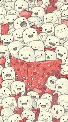 A large group of cute white marshmallow people popped out of the gift box, all smiling happily