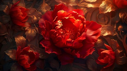 Naklejka premium Giant red peony volumetric design against a wall of holographic vines and leaves