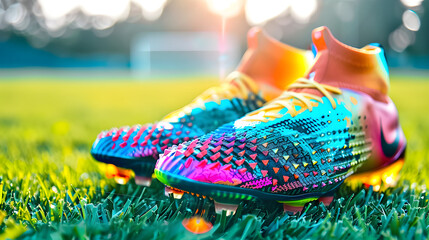 Close-up View of Technologically Advanced Football Cleats on Grass Field: Impacting Game with Grip and Style