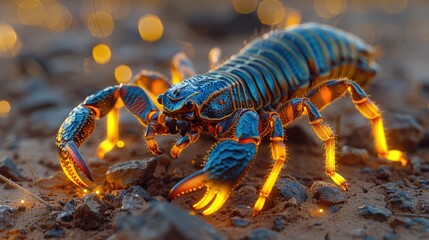 Scorpion scuttling across a cracked desert floor, illuminated by the eerie glow of bioluminescent fungi.