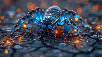 Scorpion scuttling across a cracked desert floor, illuminated by the eerie glow of bioluminescent fungi. - obrazy, fototapety, plakaty