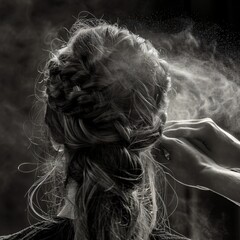 Fototapeta premium Graceful hands of a woman crafting a hairstyle hair spray mist tools in action