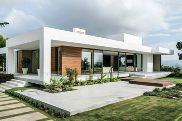 modern minimalist house in Portugal, white walls with wood accents and a green grass lawn, courtyard with chairs and an umbrella sitting in the style of green grass