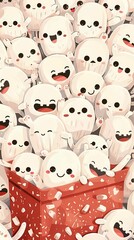 A large group of cute white marshmallow people popped out of the gift box, all smiling happily