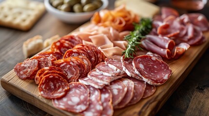Assorted sliced cured meats on a wooden board with olives and crackers.