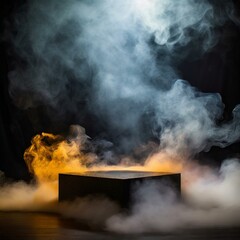 smoke from the fire,mystery and allure with an empty podium engulfed in swirling dark smoke, offering a dynamic product platform