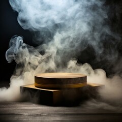 smoke from the chimney,mystery and allure with an empty podium engulfed in swirling dark smoke, offering a dynamic product platform