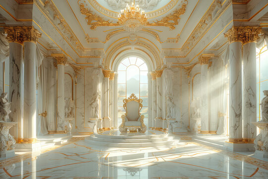A white marble and gold palace interior with an enormous circular ceiling, tall pillars, large windows, marble floors, and golden accents. Created with Ai
